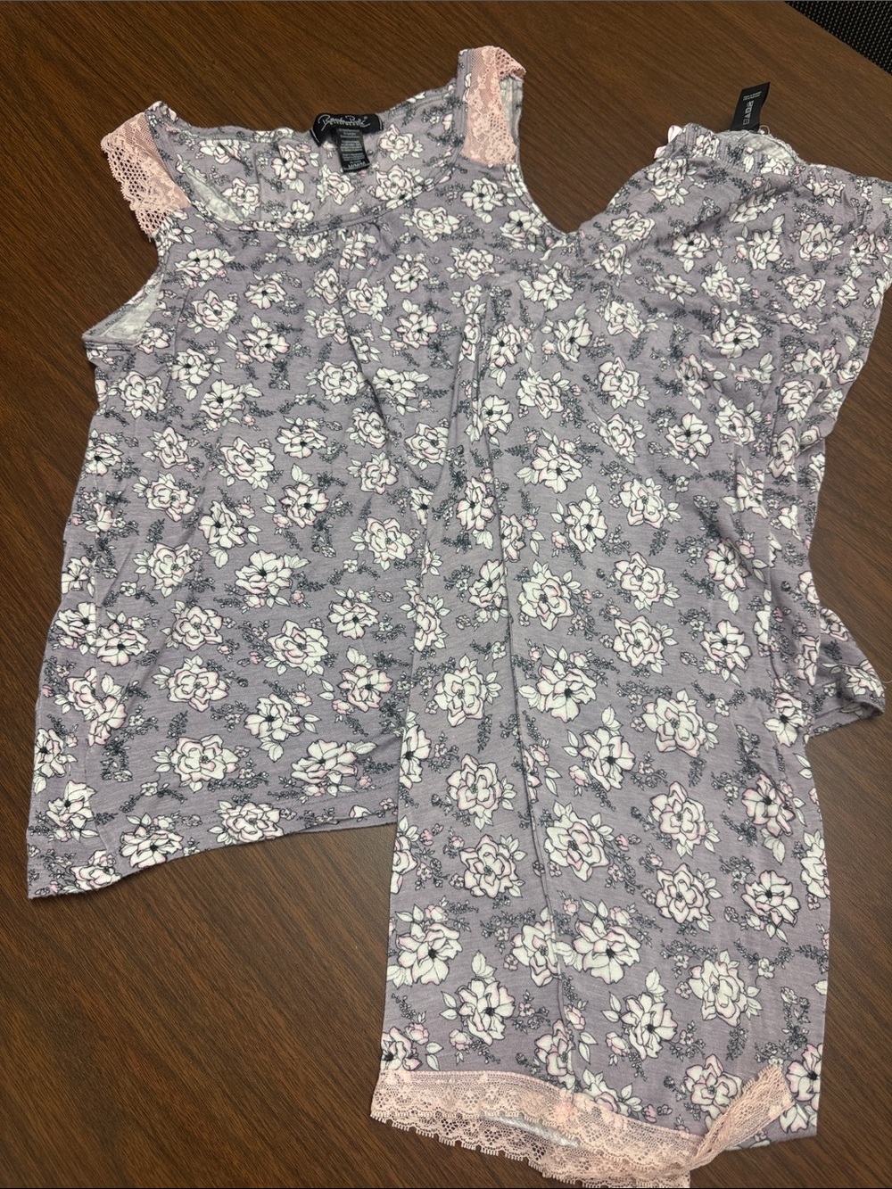 Rene Rofe Lavender Floral Lace-Trim Pajama Set with Pink Accents